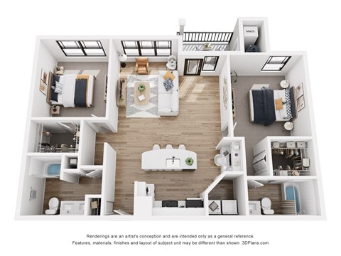 Floor plan for 2 beds, 2 baths, 1171 sqft